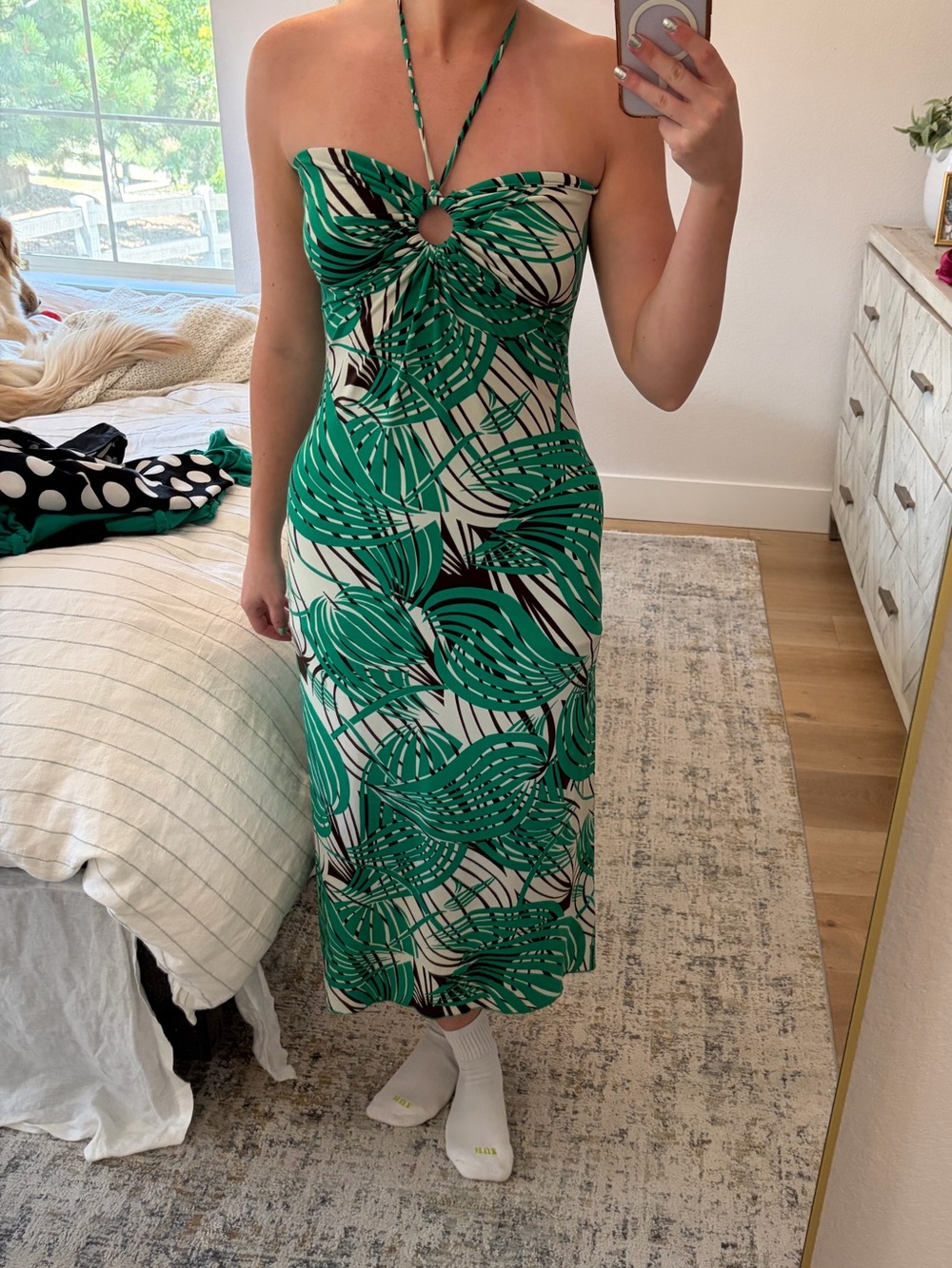 Vintage Y2K Arden B Green & White Strapless Leaf-Print Midi Dress